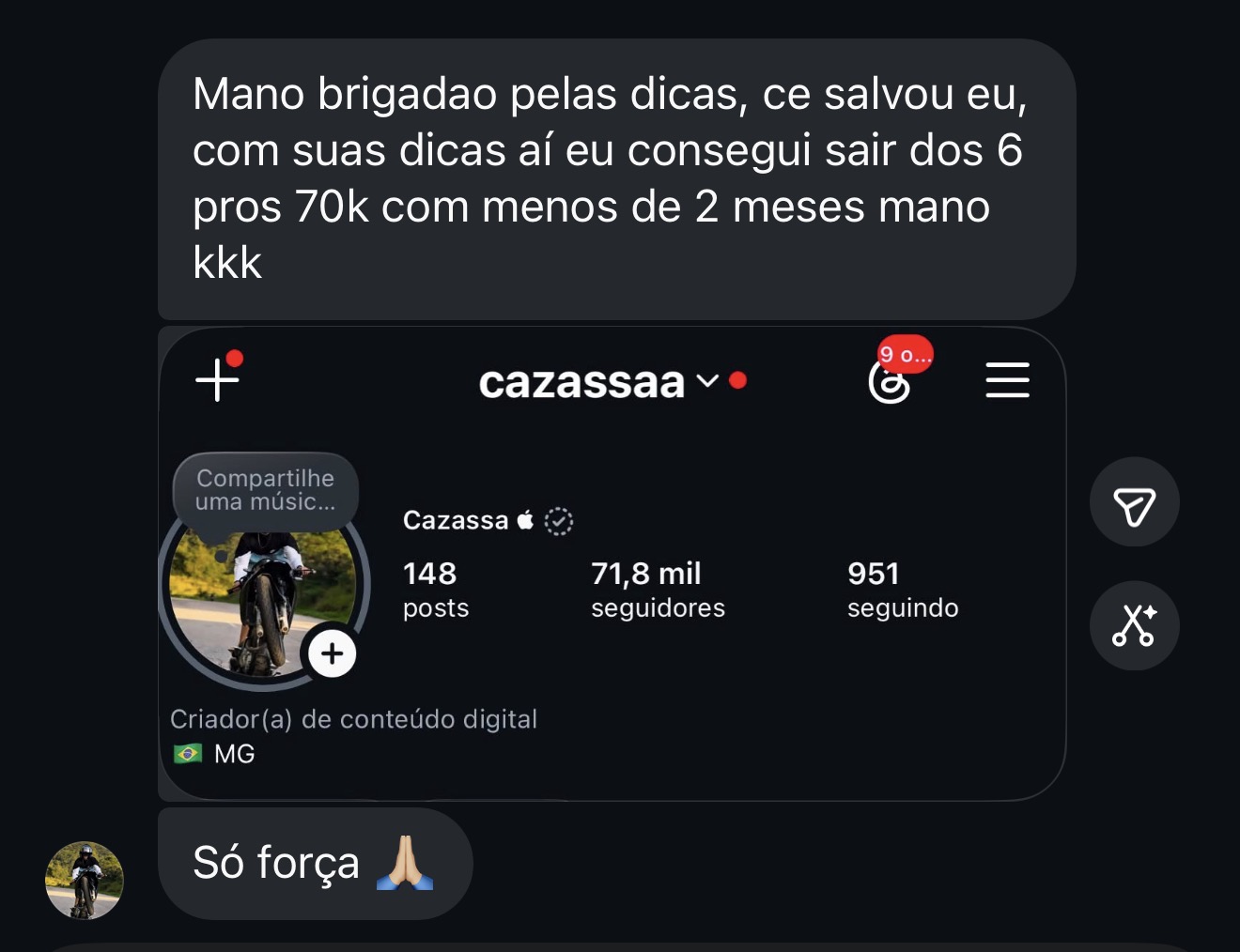 Print de mensagem de aluno que saiu de 6 mil para 70 mil seguidores em menos de 2 meses