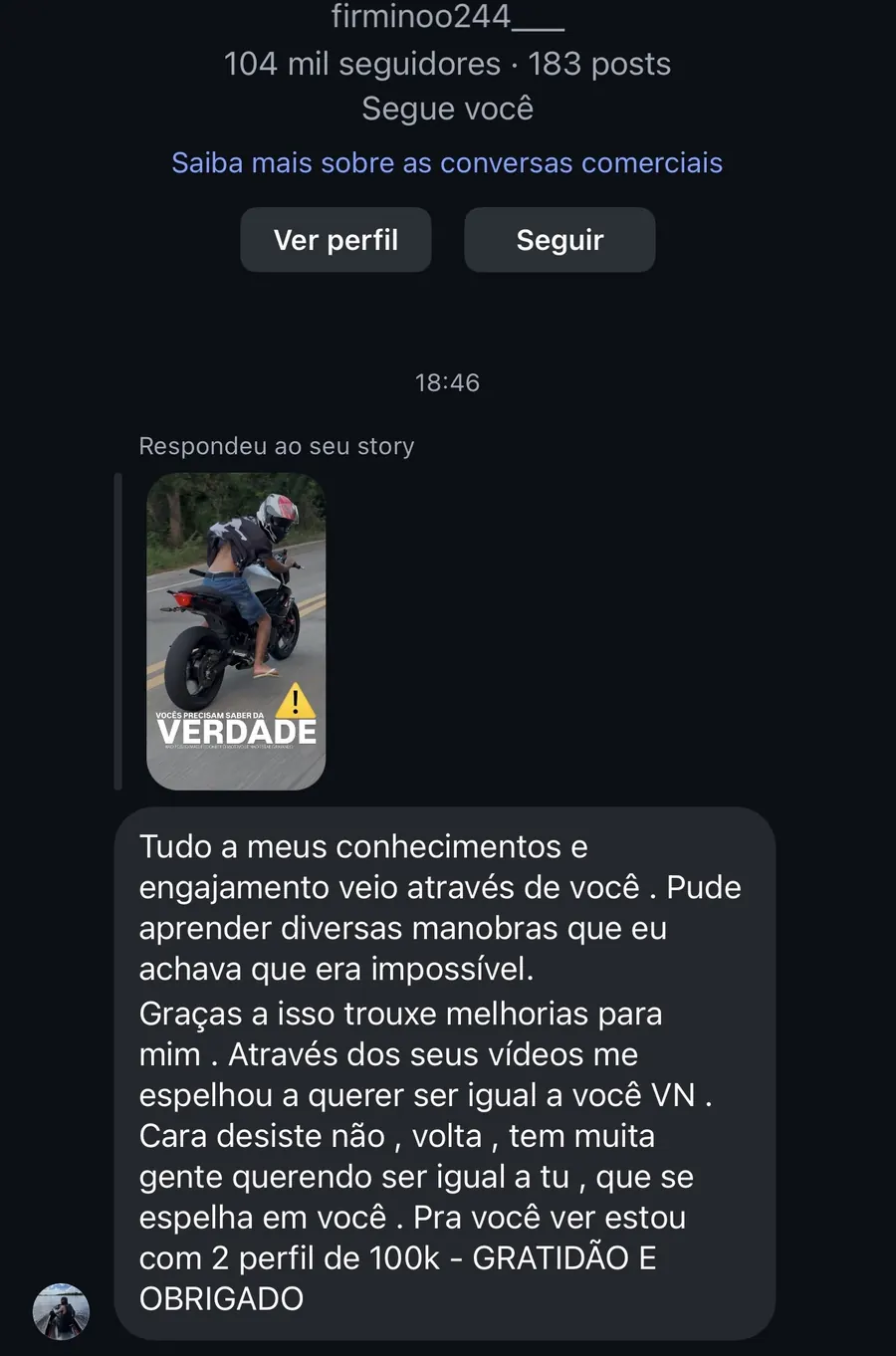 Print de mensagem de aluno agradecendo pelo aprendizado e crescimento do perfil