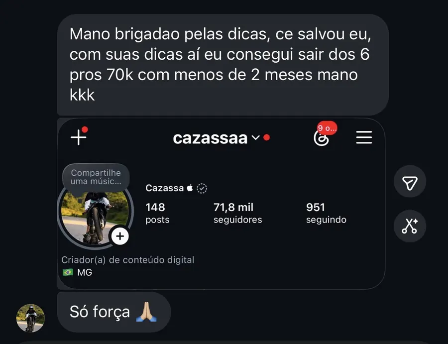Print de mensagem de aluno que saiu de 6 mil para 70 mil seguidores em menos de 2 meses