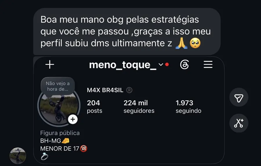 Print de mensagem de aluno agradecendo pelas estratégias, com perfil de 224 mil seguidores